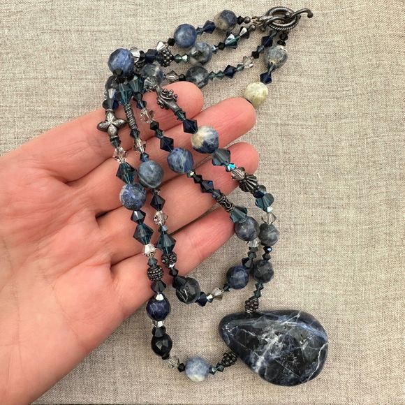 Sodalite Stone Pendant Crystal Beaded Double Strand Sterling Silver Necklace 11" - Picture 3 of 13